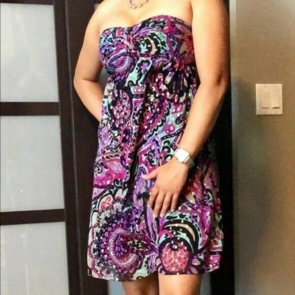 TIBI Strapless Paisley Print Lined Silk Empire Waist A-Line Mini Dress Size 6